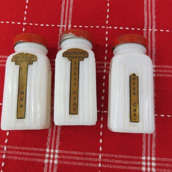 Griffiths Milk Glass Spice Jars Set of 10 Red Lids Some Labels - Picture 5 of 10